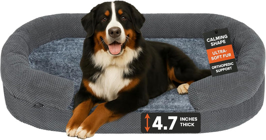 XL Orthopedic Dog Bed, 52"x40" Extra-Thick 4.7" Egg Crate Foam Couch for Extra Large Dogs, Washable Bolster Sofa Bed, Calming Plush Cover, Round Support Pad, Giant Dog Bed with Removable Cover