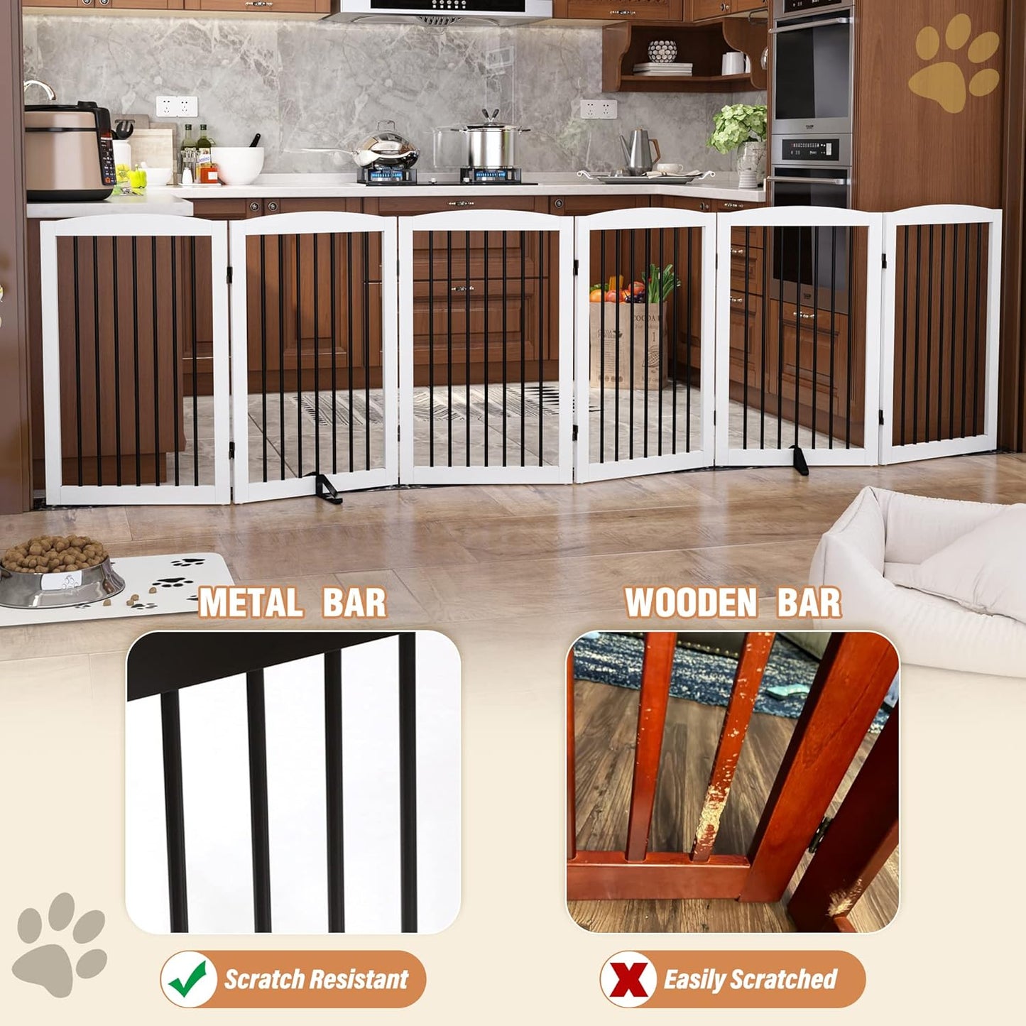 Freestanding Pet Gate for Dogs, Indoor Wooden Foldable Dog Gate for House, Extra Wide, Pet Fence for Stairs, Doorways, Halls, Support Feet Included, 120 Inch Wide, 6 Panels 32",White