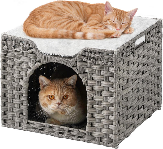 Cat Beds Indoor Kitten House, Handwoven Rattan Cat Cave Pet Cube, Large Cat Houses, One Bed Mat, Foldable, Hideaway, 16.5x16.5x13.2 Inches, 2 S-Shaped Hooks in Living Room Bedroom Gray