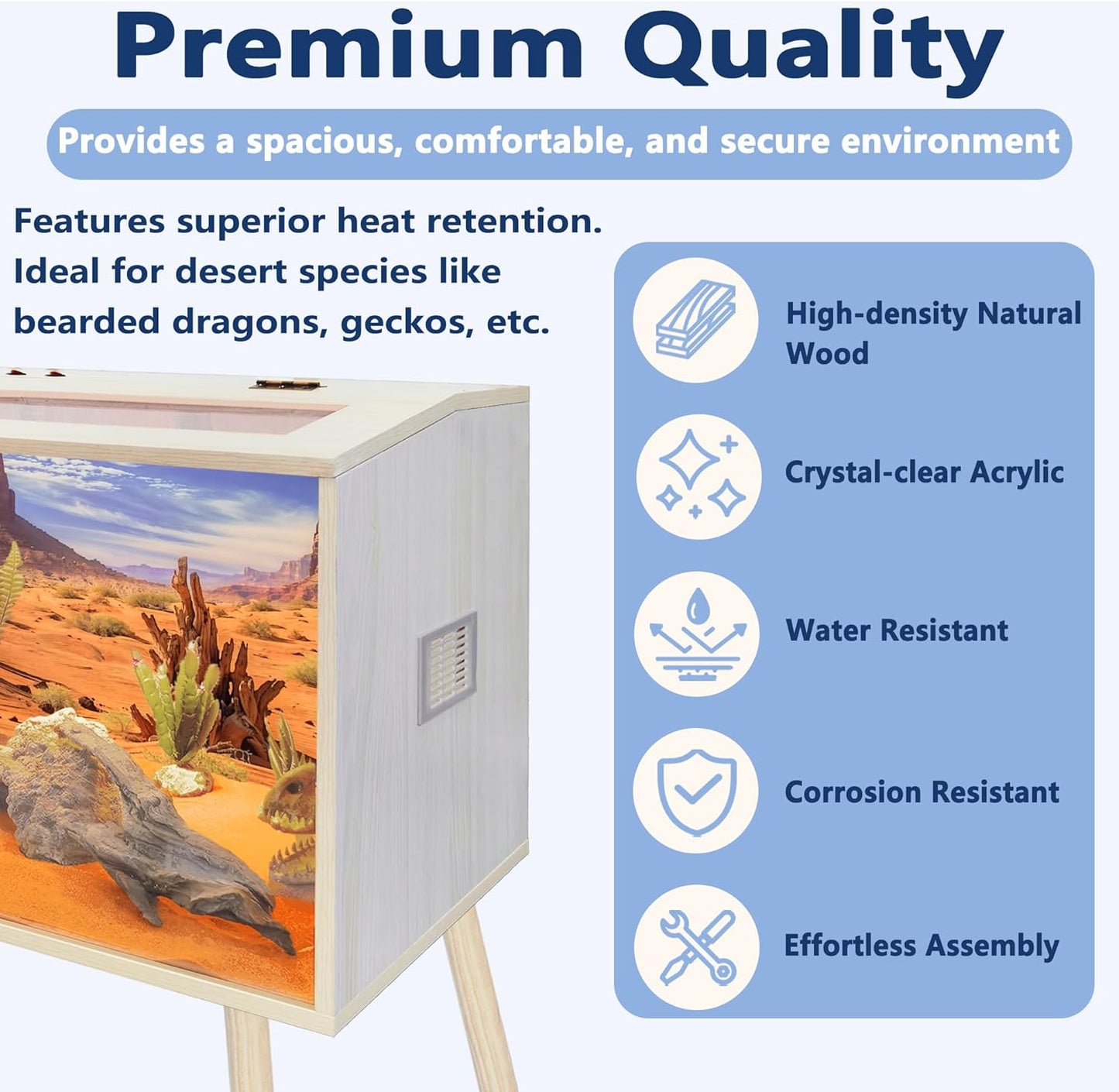 Prolee Reptile Terrarium, Lizard Tank Up to 68 Gallons, Bearded Dragon Tank with Roof Door, Snake Tank with Built-in Lamp Fixture and Switch, with Leg Stand (Oak, 28 Gallons, 32" Length)