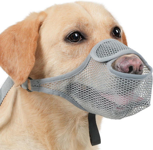 LUCKYPAW Dog Muzzle for Large Medium Small Dogs, Patented Mesh Muzzle to Prevent Biting Chewing Eating, Soft Mouth Guard with Front Opening Design for Drinking Panting(Grey, XL)