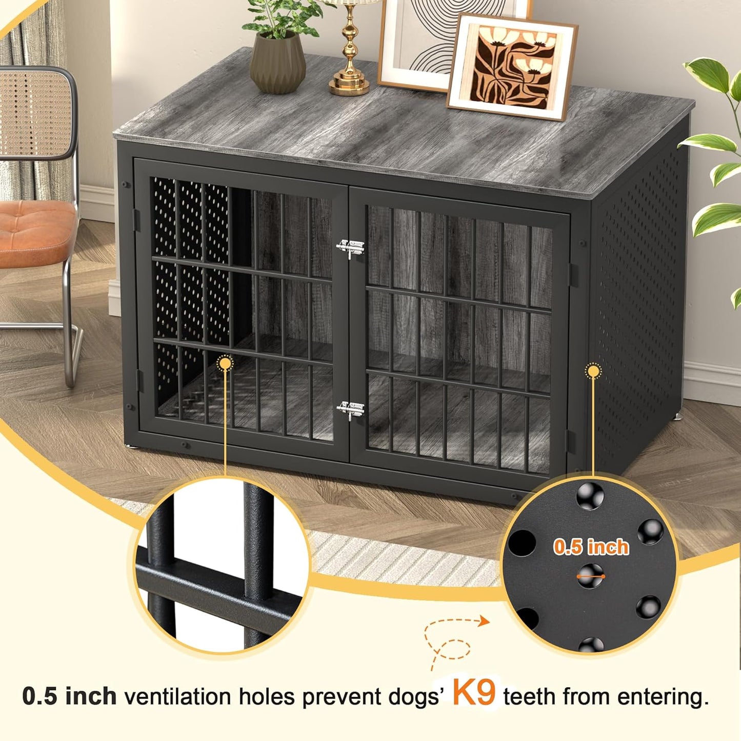 48" Heavy Duty Dog Crate Furniture for Extra Large Dogs, Metal Cage for High Anxiety Dogs, Wooden Kennel Furniture Indoor, Decorative Dog Kennel End Table, XL