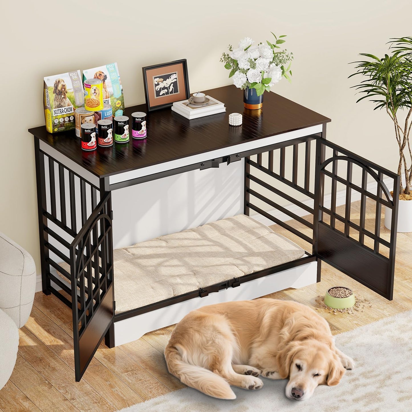 COZPAW 52 Inch Dog Crate Furniture, Extra Large Dog Kennel Indoor for XLarge Breed, Heavy Duty Dog Cage with Double Elegant Arched Doors, Decorate as TV Stand & End Table - White Brown