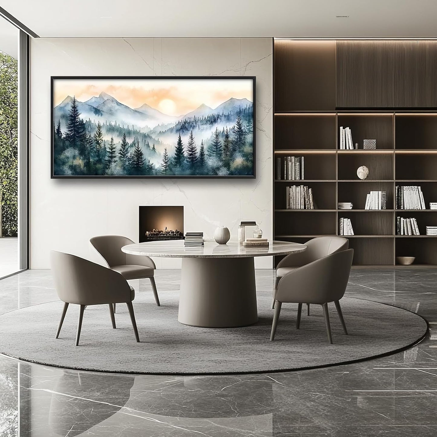 Large Misty Mountain Forest Wall Art for Living Room, Framed Foggy Sunrise Landscape Wall Decor Oversized Watercolor Canvas Painting Modern Artwork Home Decoration for Bedroom Office 60"x30"