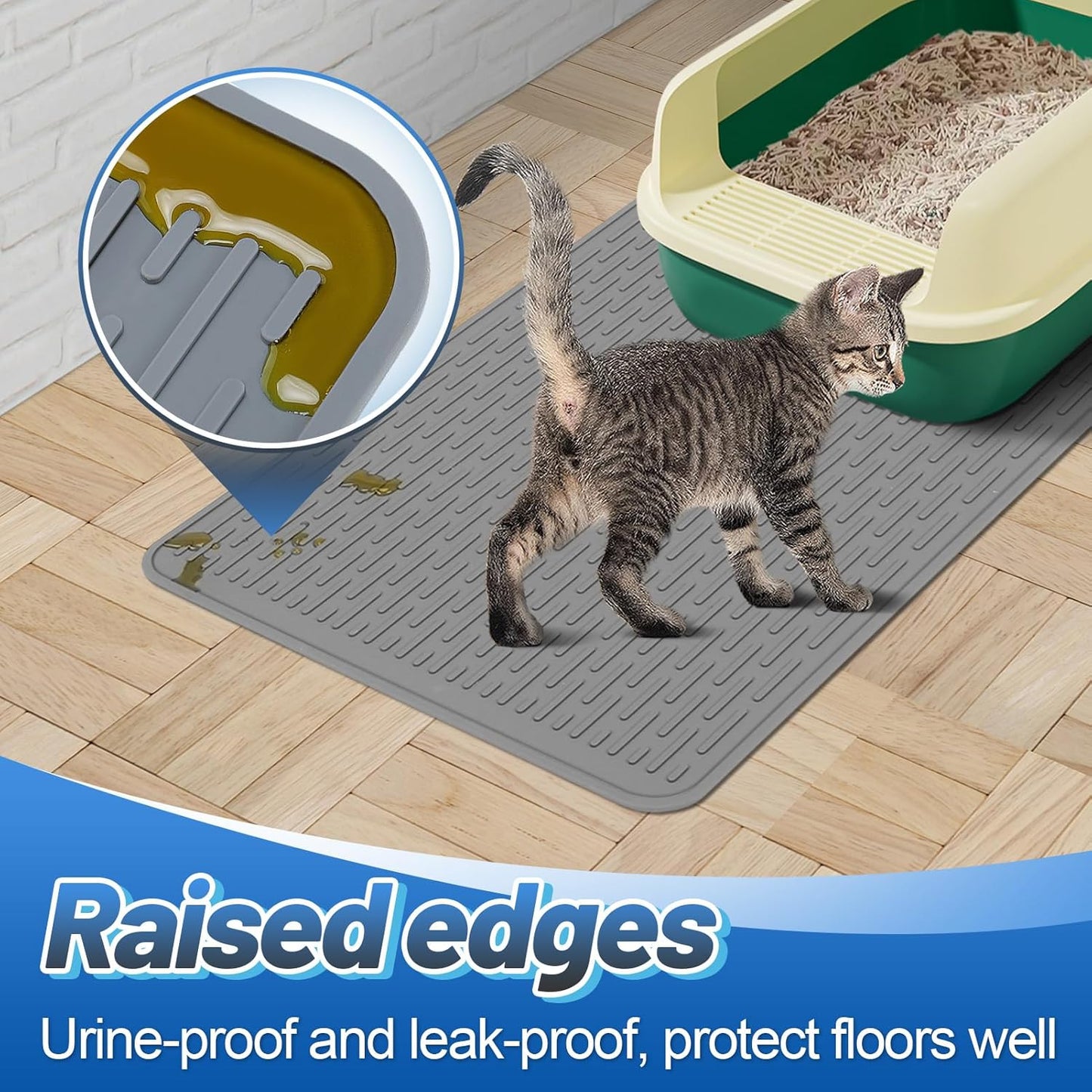 MEWTOGO Easy Clean Silicone Cat Mat for Litter Box - 23.4" x 15.6" Waterproof Non-Slip Kitty Litter Trapping Mat for Protecting Floor, Less-Mess Food Water Mat for Indoor, Gray