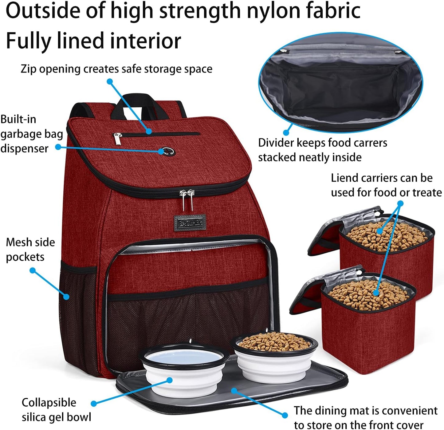 BAGLHER丨Dog Travel Bag, Airline Approved Pet Supplies Backpack, Dog Travel Backpack with 2 Silicone Collapsible Bowls and 2 Food Baskets