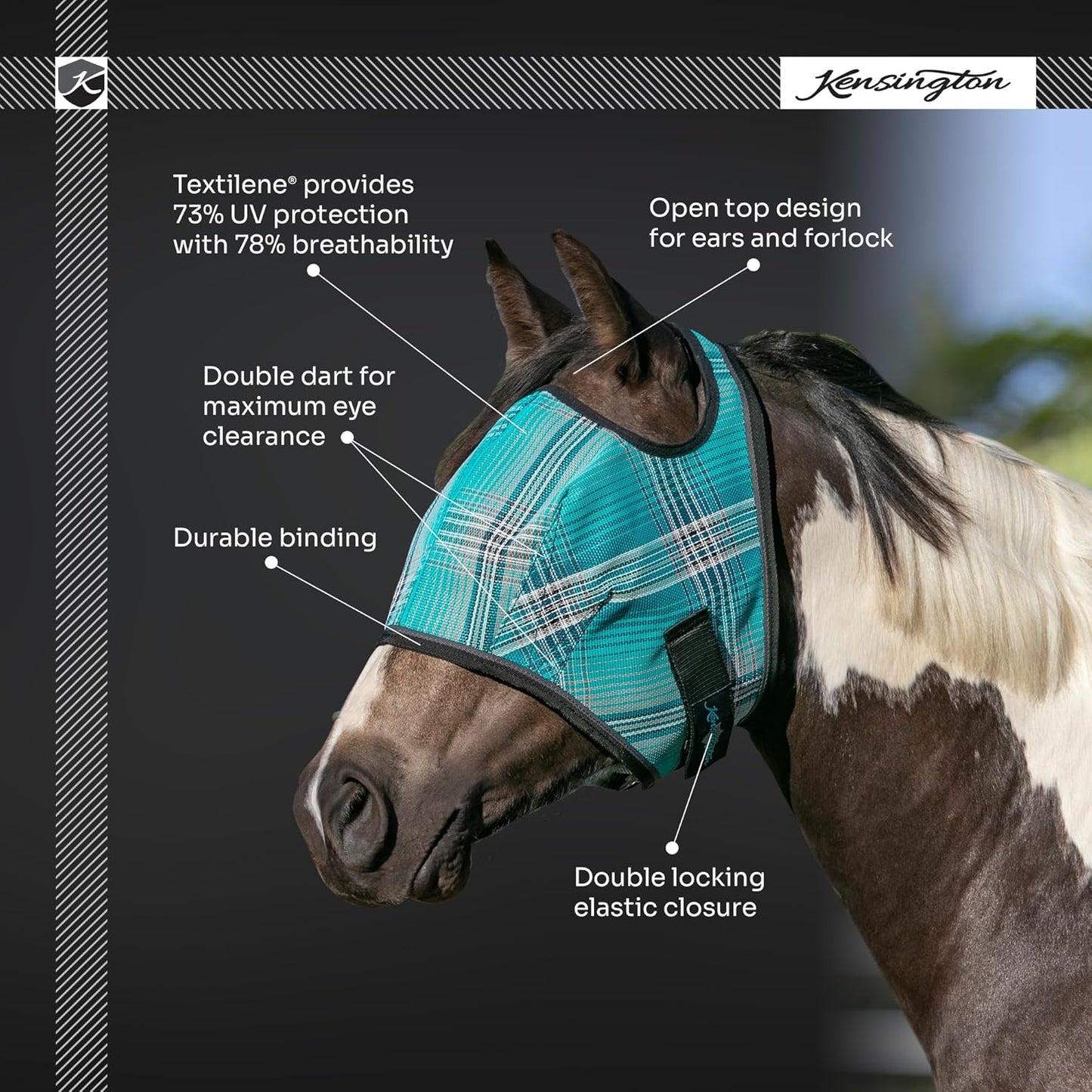 Kensington Fly Mask Web Trim Protects Horses Face and Eyes from Bites and Sun Rays While Allowing Full Visibility Ears and Forelock Able to Come Through The Mask, XXL-Draft, Imperial Jade
