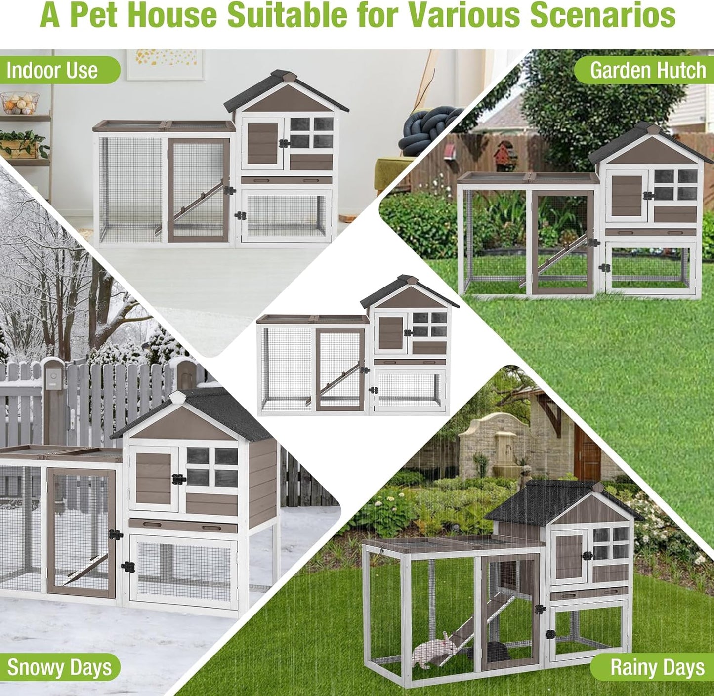 GUTINNEEN Rabbit Hutch Indoor Chicken Coop Outdoor, 51.6''L 2 Story Bunny Cage Weatherproof, Guinea Pig House with Run (Brown)