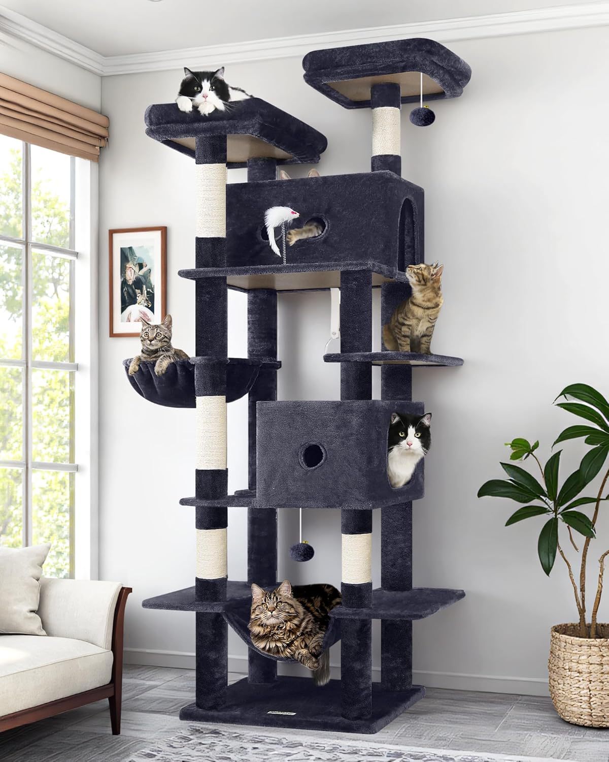 Globlazer Large Cat Tree Tower Condo, 80in Tall Cat Tree for Multiple Indoor Cats Large Adult, XXL Big Cat Climbing Tower with Cat Caves, Sisal Scratching Posts, Top Perches, Hammock, S80B, Dark Gray