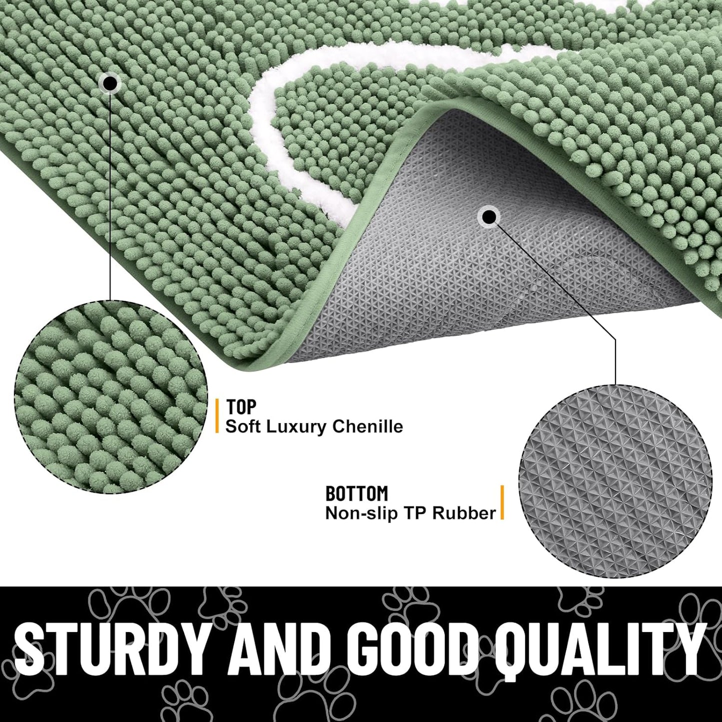 Smiry Dog Door Mat for Muddy Paws, Absorbent Dirt Trapper Non Slip Quick Dry Washable Chenille Mat for Mud Dogs, Entry Rug for Indoor and Outdoor (48x30 Inches, Olive Green and White)