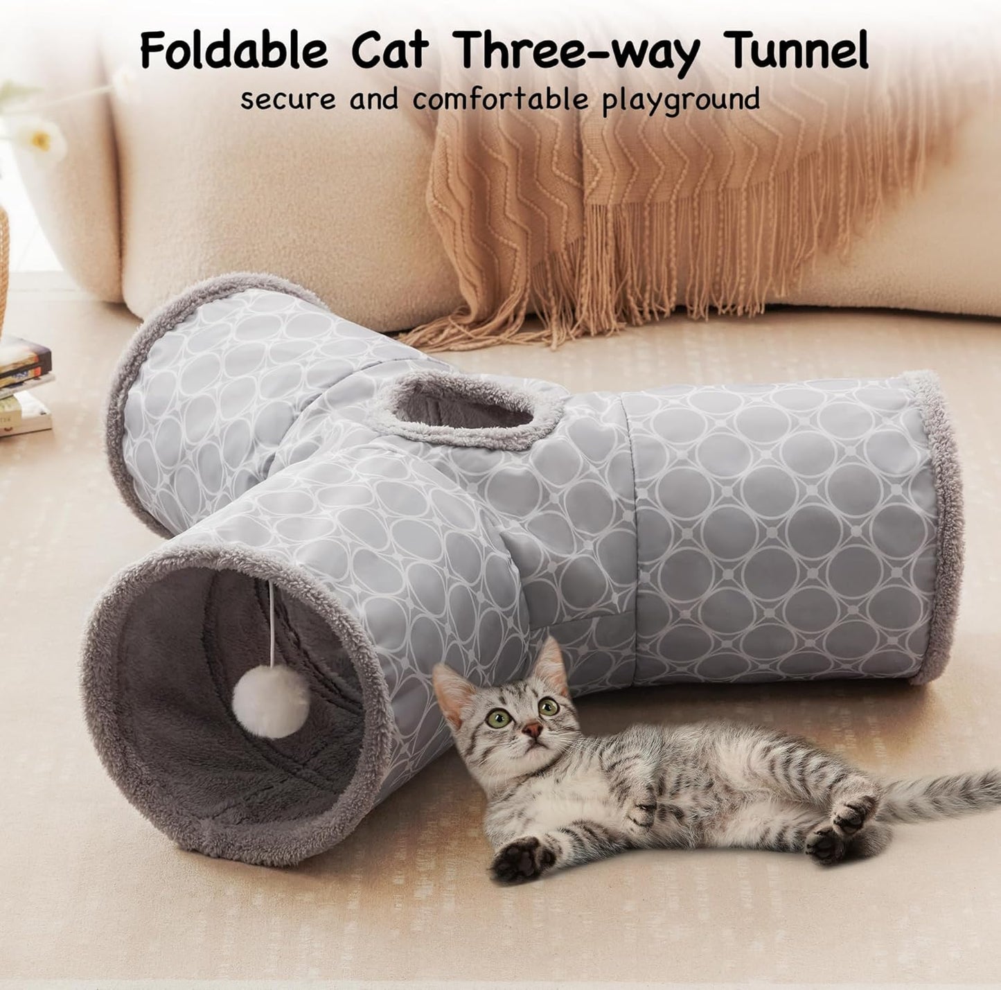 Tempcore Pet Cat Tunnel Tube Cat Toys 3 Way Collapsible, Cat Tunnels for Indoor Cats Fleece-Lined in for Warmth，Kitty Tunnel Bored Pet Toys Peek Hole Toy Ball Cat, Puppy, Kitten, Geometry Grey