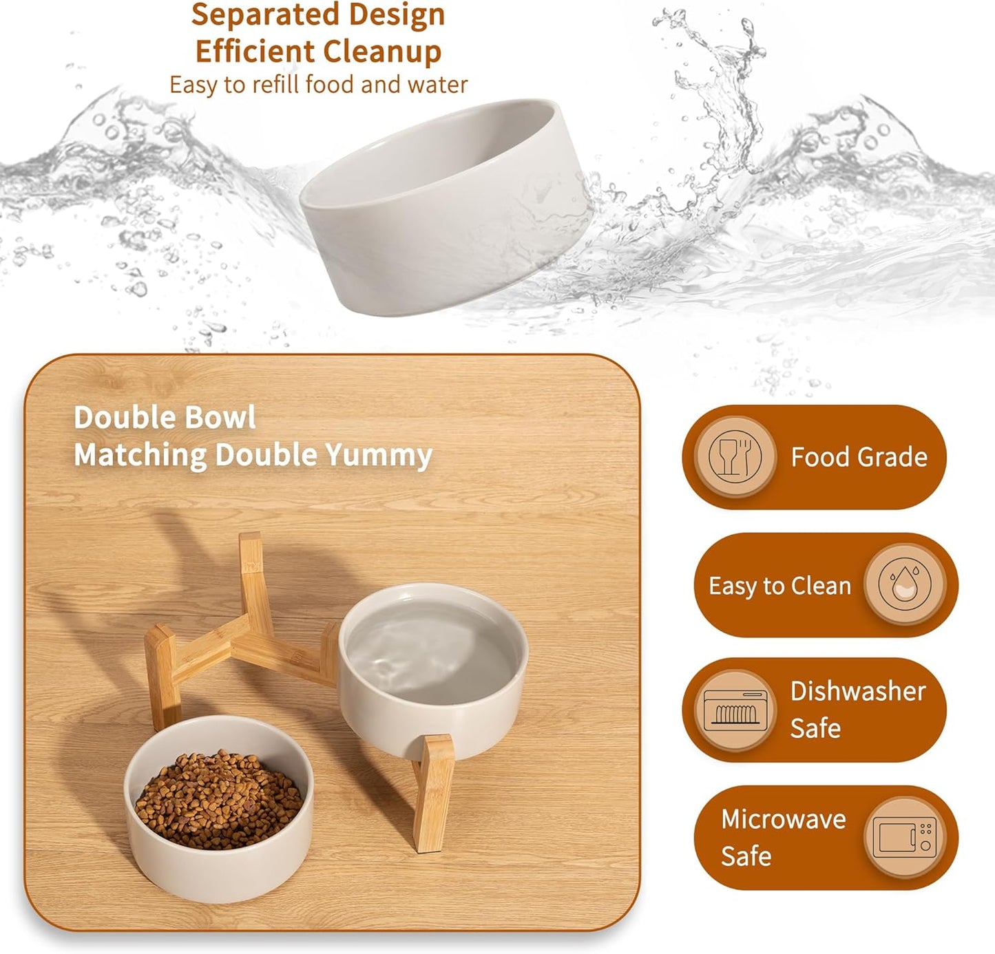 Elevated Ceramic Dog Bowl Set - Raised Dog Bowls with Non-Slip Bamboo Stand - Dog Food and Water Bowl Set - Double Dog Feeding Bowls - Suitable for Small and Medium Dogs - 28.74 OZ - 3.6 CUPS - 850 ML