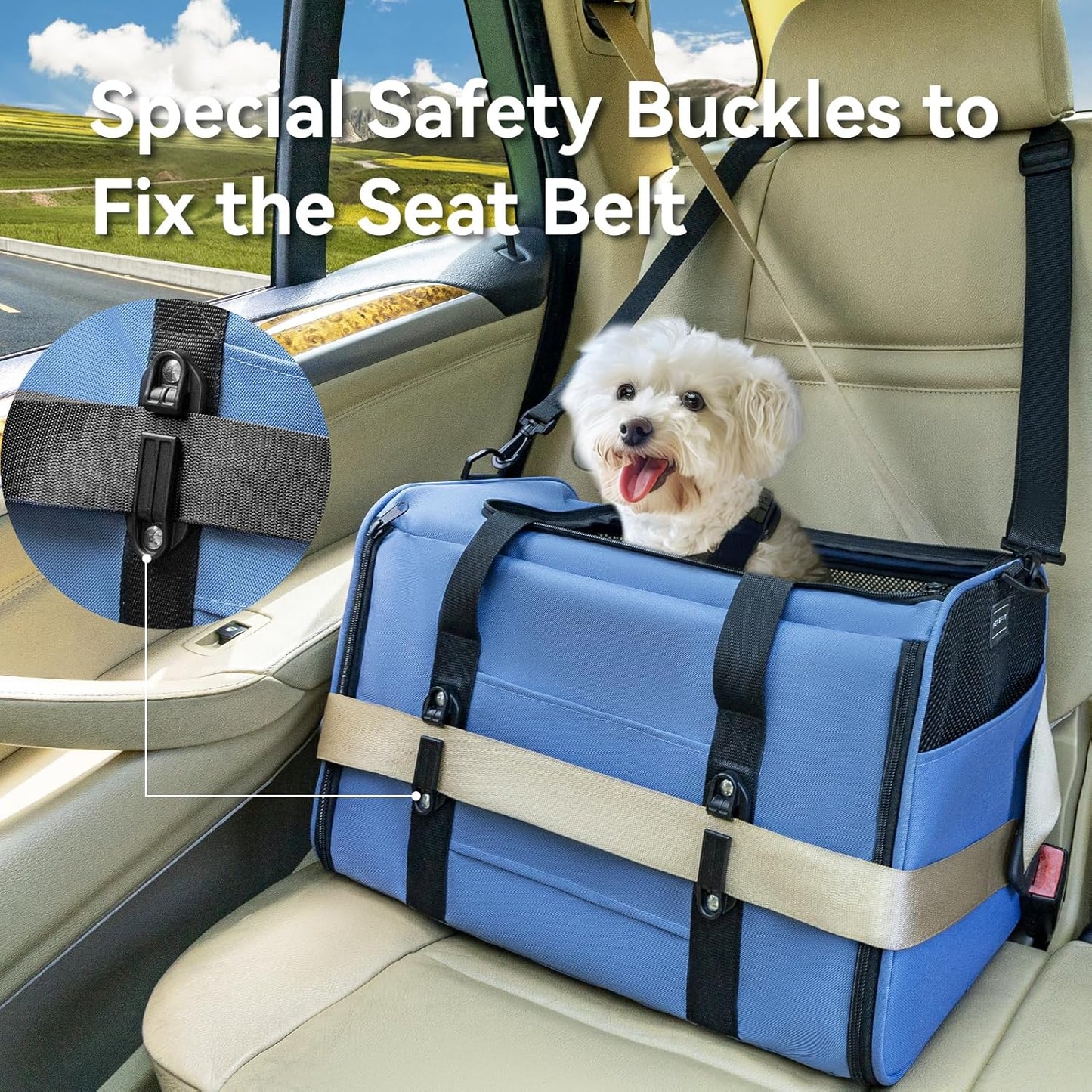 PETSFIT Soft-Sided Cat Carriers & Car Seats with Patent Safe Buckles, Clip-On Harness, 19"x12"x12" Pet Travel Carrier - 20 lbs Capacity (Blue)