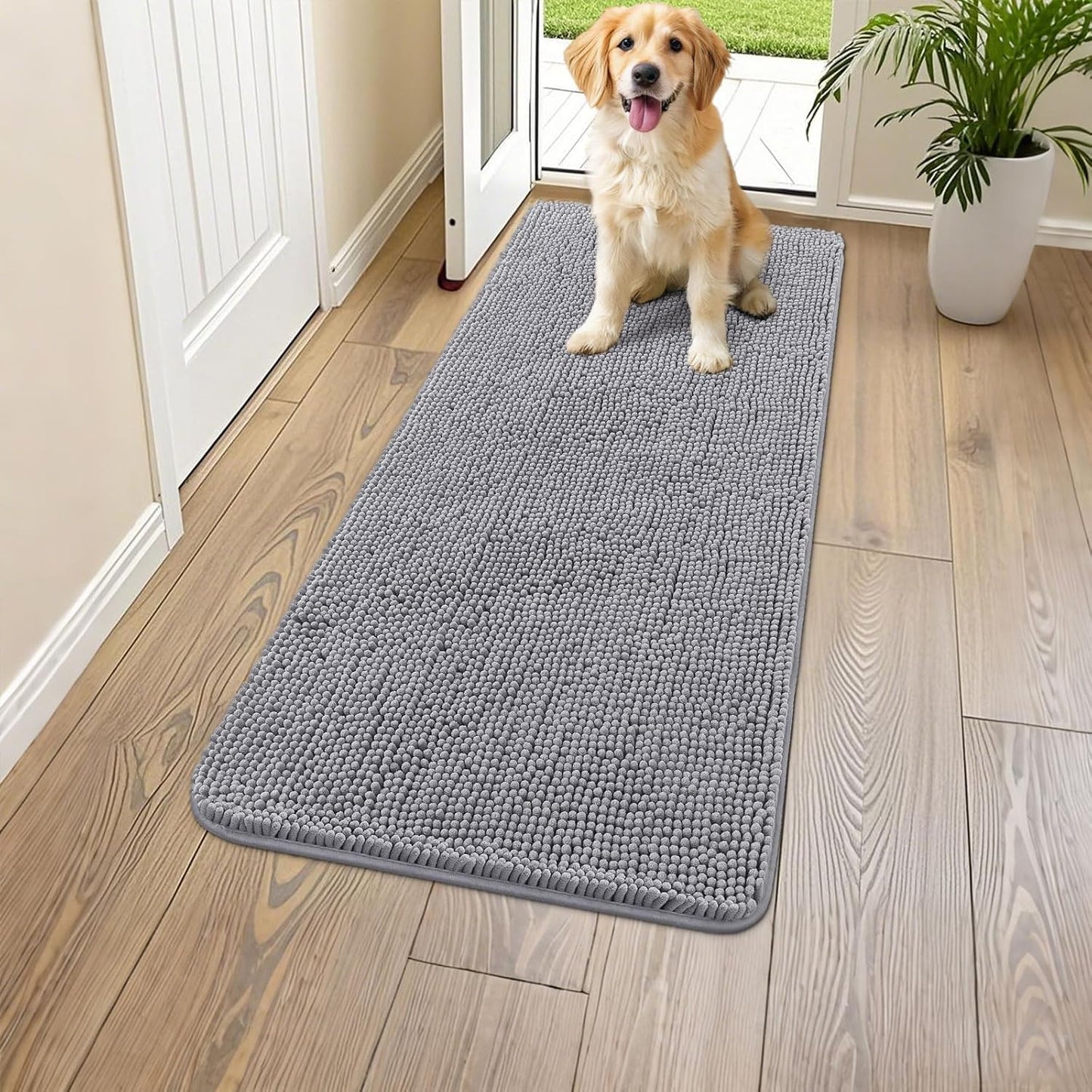 Smiry Dog Door Mat for Muddy Paws 47x17, Absorbs Moisture and Dirt Doormat, Non-Slip Washable Quick Dry Chenille Front Door Mat Indoor Entrance, Entryway Carpet for Inside Floor, Grey