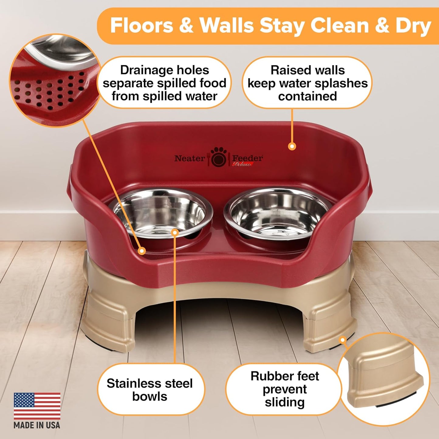 Neater Feeder Deluxe Mess Proof Cat Bowls Elevated for All Breeds – Made in USA – No Spill Raised Cat Bowls for Indoor Cats w/Leg Extensions – Stainless Steel Cat Food and Water Bowl Set - Red