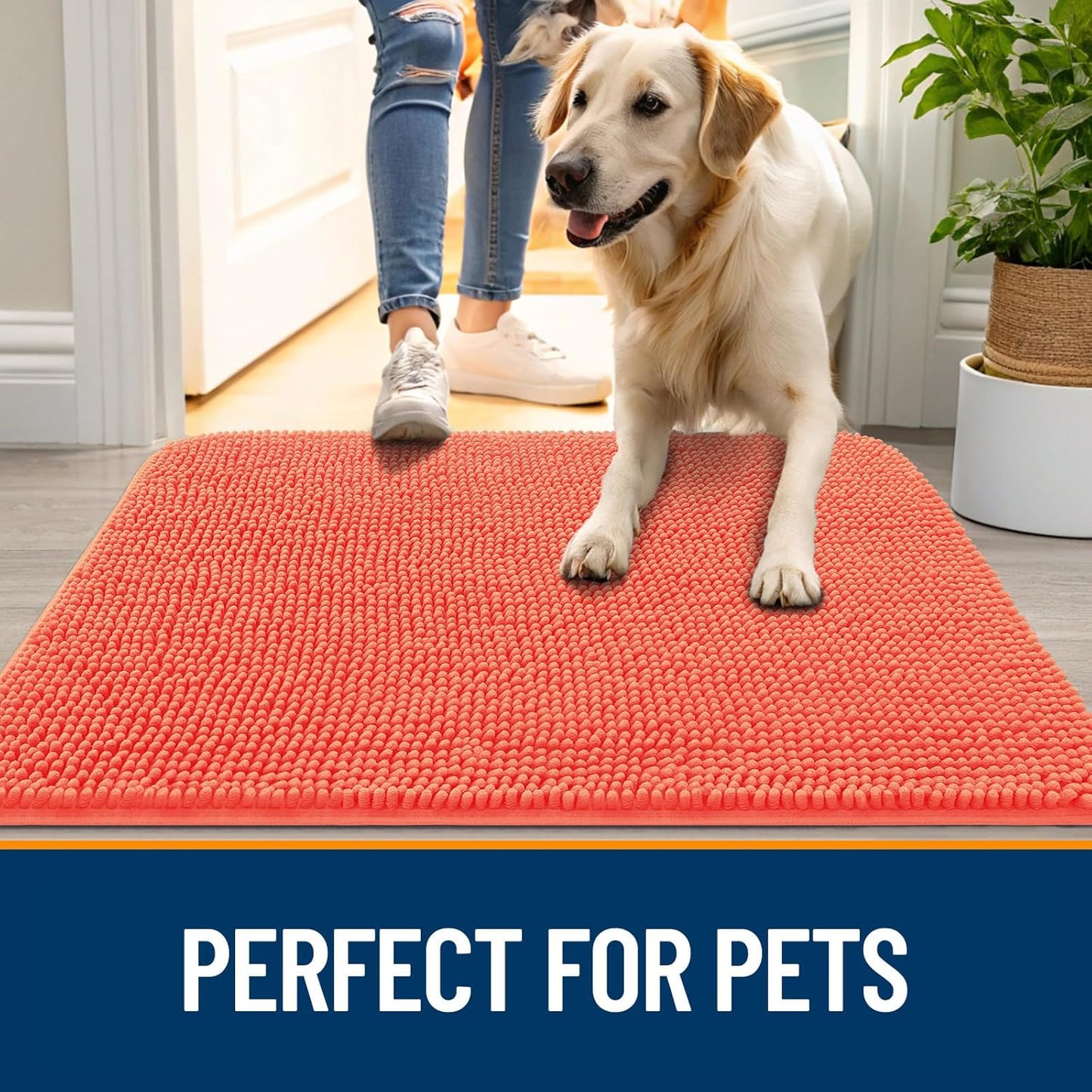 OLANLY Dog Door Mat for Muddy Paws 24x16, Absorbs Moisture and Dirt, Absorbent Non-Slip Washable Doormat, Quick Dry Chenille Mud Mat for Dogs, Entry Indoor Entryway Carpet for Inside Floor, Coral