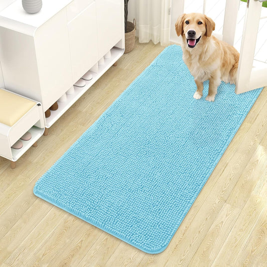 OLANLY Dog Door Mat for Muddy Paws 44x24, Absorbs Moisture and Dirt, Absorbent Non-Slip Washable Doormat, Quick Dry Chenille Mud Mat for Dogs, Entry Indoor Entryway Carpet for Inside Floor, Blue