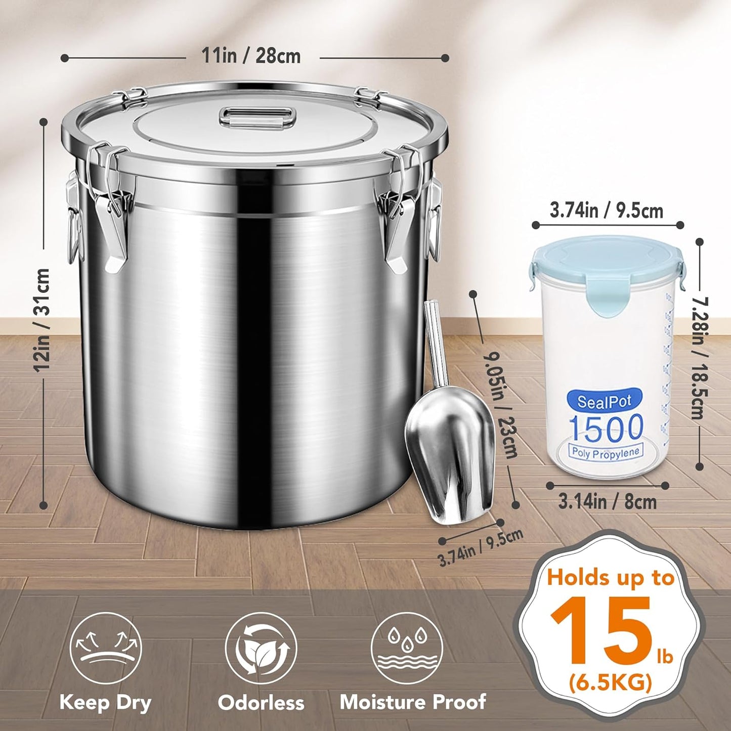 Dog Food Storage Containers, Large Stainless Steel Pet Food Storage Containers 15 lb / 6.5 kg to Keep Fresh, Metal Airtight Cat Food Containers With Scoop and 2 Small Containers