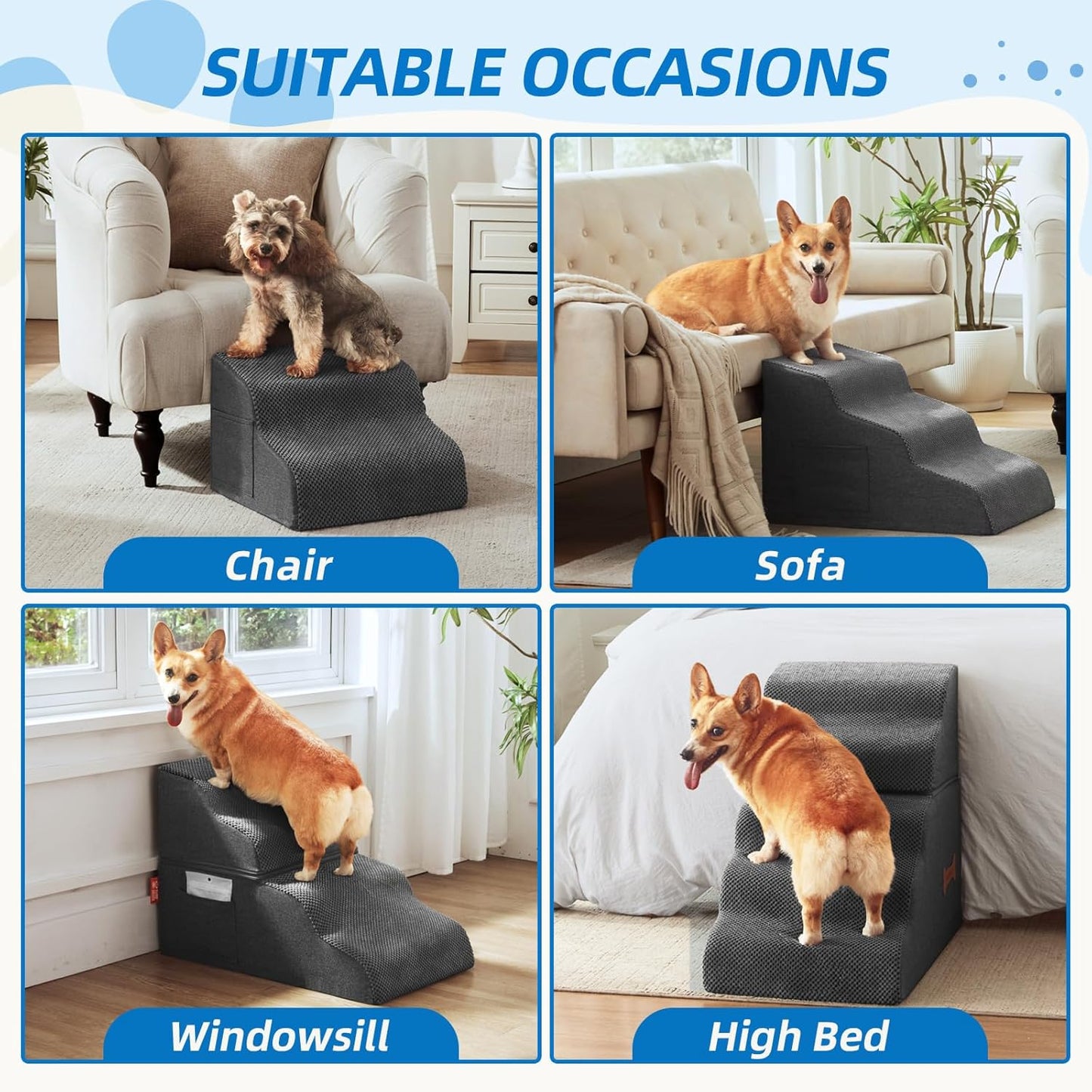 Dog Stairs for Small Dogs and Cats, 2 Steps Pet Stairs to Get on Couch Sofa and Chair, Indoor Non-Slip Balanced Portable Pet Step, High-Density Foam Ramp with Removable Washable Cover, Grey（11.8" H）