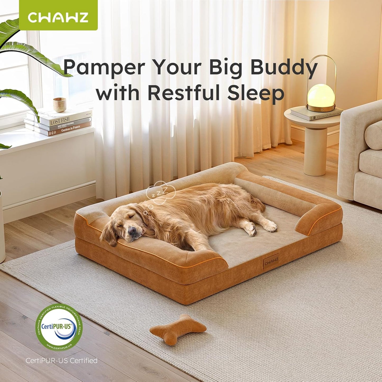 Dog Beds for Large Dogs, Orthopedic Dog Bed with Cooling Gel Memory Foam, Waterproof Large Pet Bed with Removable Washable Cover, 36" Pet Sofa Couch Dutch Velvet with Bone Toy, Brown