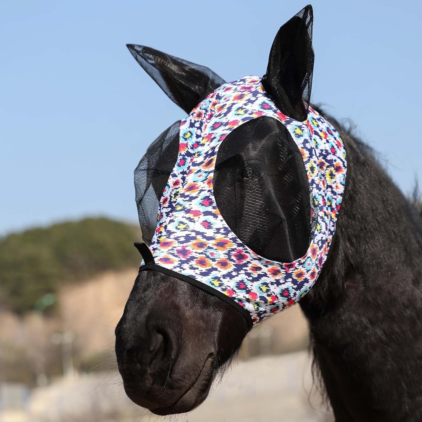 Harrison Howard Super Comfort Stretchy Fly Mask Large Eye Space with UV Protection Soft on Skin with Breathability Geo Feather XL