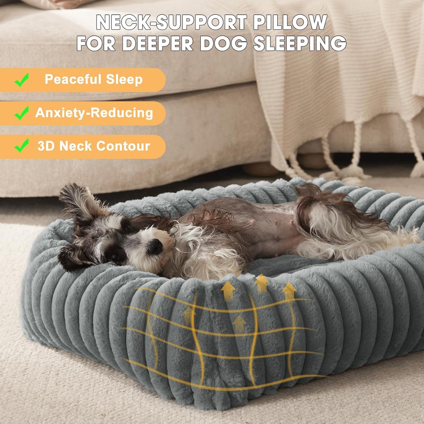Dog Beds Large Sized Dog, Washable Orthopedic Pet Bed with Removable Cover, Rectangle Soft Calming Sleeping Puppy Bed Durable Pet Cuddler with Anti-Slip Bottom, 36"x27"x8" Grey