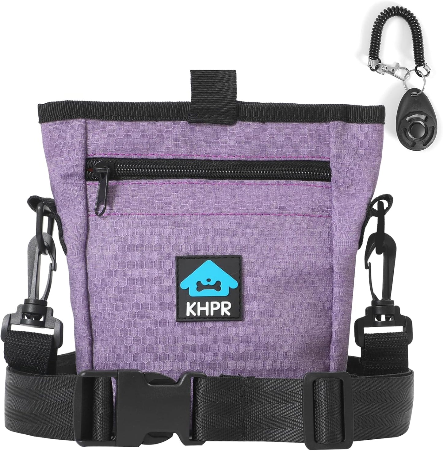 Dog Treat Pouch Magnetic Closure with Training Clicker，Hands-Free Design to Prevent Spills，Built in Poop Bag Dispenser，3 Ways To Wear，Metal Clip Waist Belt and Fanny Pack for Pet Walking（Purple）