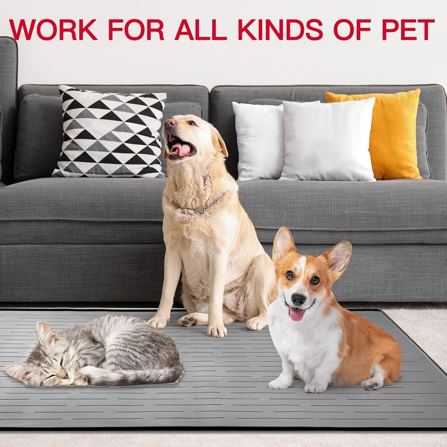 39.4"x29.5" Large Pet Food Mat, Silicone Dog Mats for Food and Water, Nonslip Pet Feeding Mats for Floors,Dog Cat Bowl Mat with Raised Edges, Black