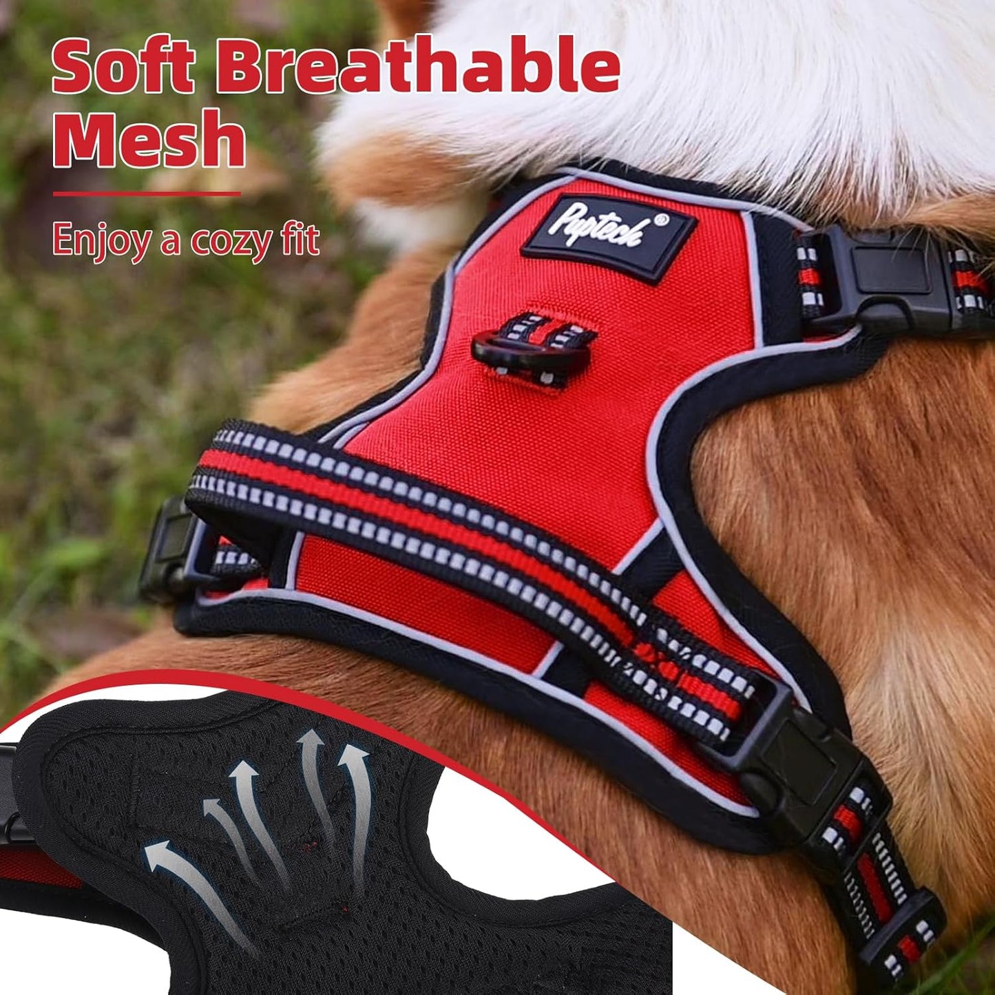 PUPTECK No Pull Dog Harness for Large, Adjustable Reflective Dog Harness with Handle Easy Control, Comfortable Soft Padded Pet Vest Harness for Large Dogs, Red L