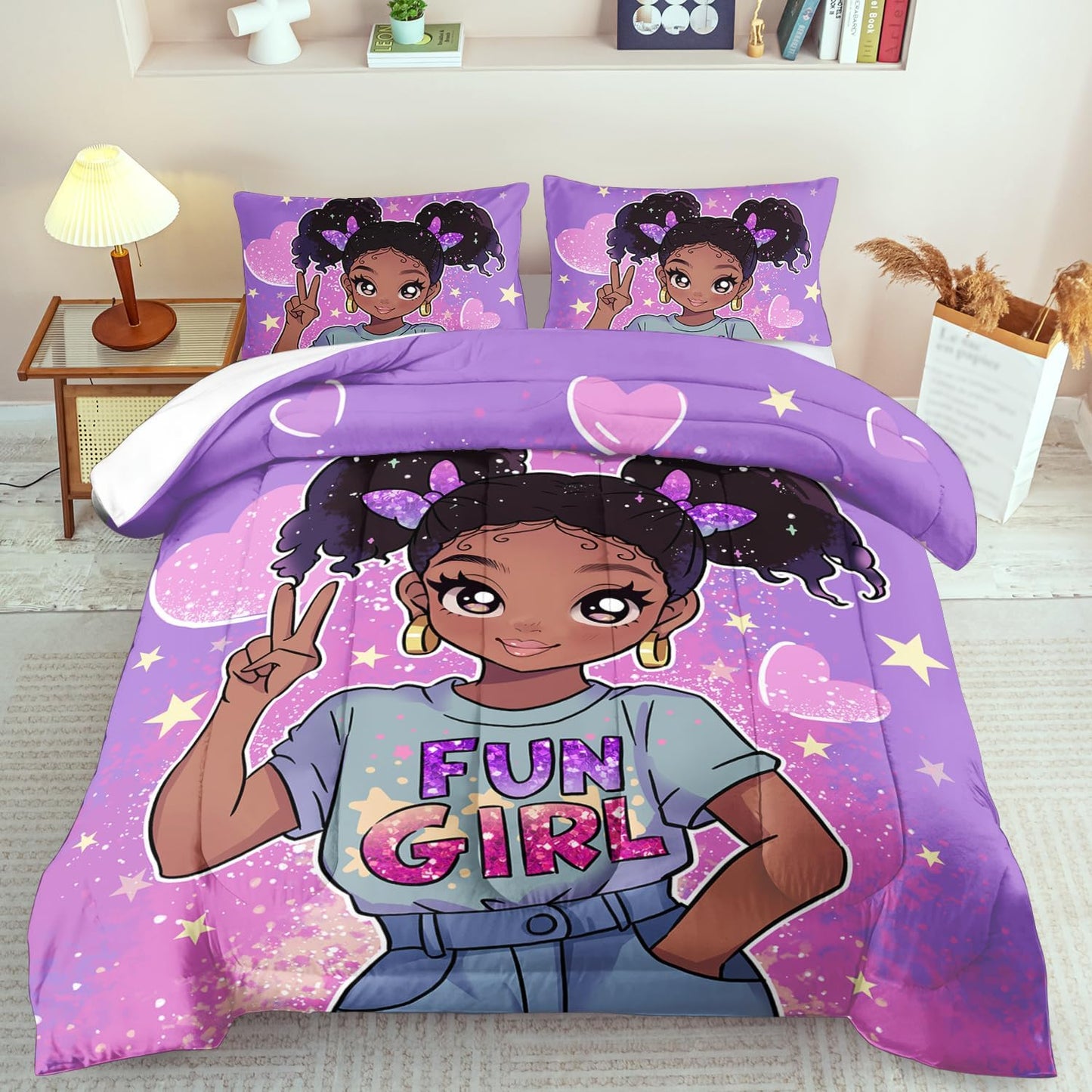 African American Black Girl Comforter Set Twin Size,Cute Black Girl Bedding Set Twin for Kids,Kawaii Heart Comforter Purple Bedding Decor for Teen,Purple Bed Quilt
