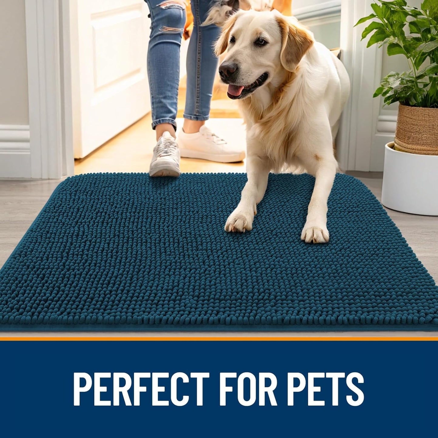 OLANLY Dog Door Mat for Muddy Paws 44x24, Absorbs Moisture and Dirt, Absorbent Non-Slip Washable Doormat, Quick Dry Chenille Mud Mat, Entry Indoor Entryway Carpet for Inside Floor, Atlantic Blue