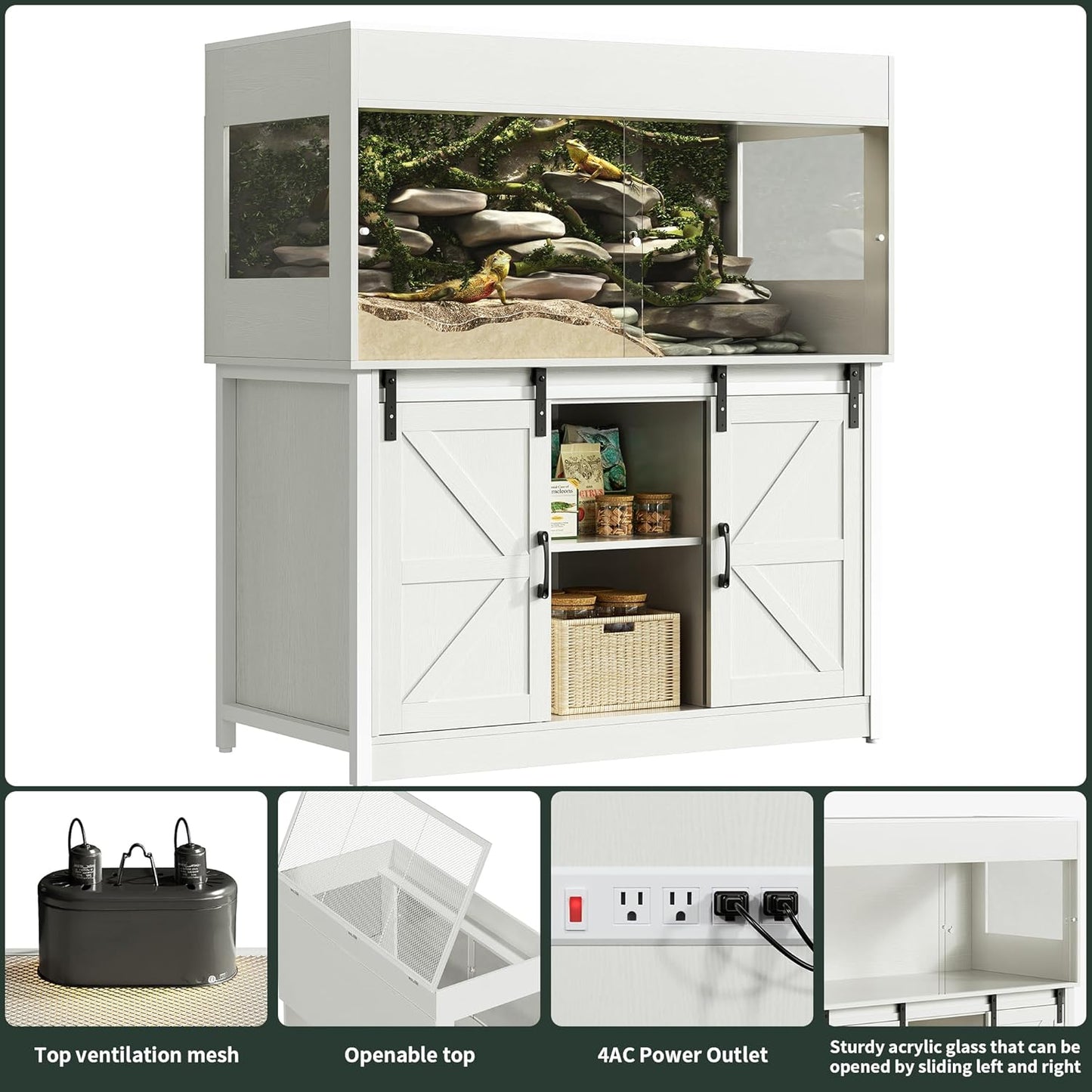 120 Gallon Reptile Terrarium with Stand, 4x2x2 Bearded Dragon Enclosure for Snakes Lizards, Large Vivarium Tank with Storage Cabinet, Acrylic Doors, Mesh Lid, Power Outlet White PX04RTWW