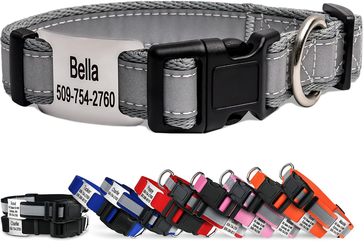 GoTags Reflective Personalized Dog Collar with Nameplate, Adjustable Dog Collar with Custom Engraved Steel Slide On Pet ID Tag, Silent, No Noise Dog Tag for Large Medium or Small (Light Gray, Large)