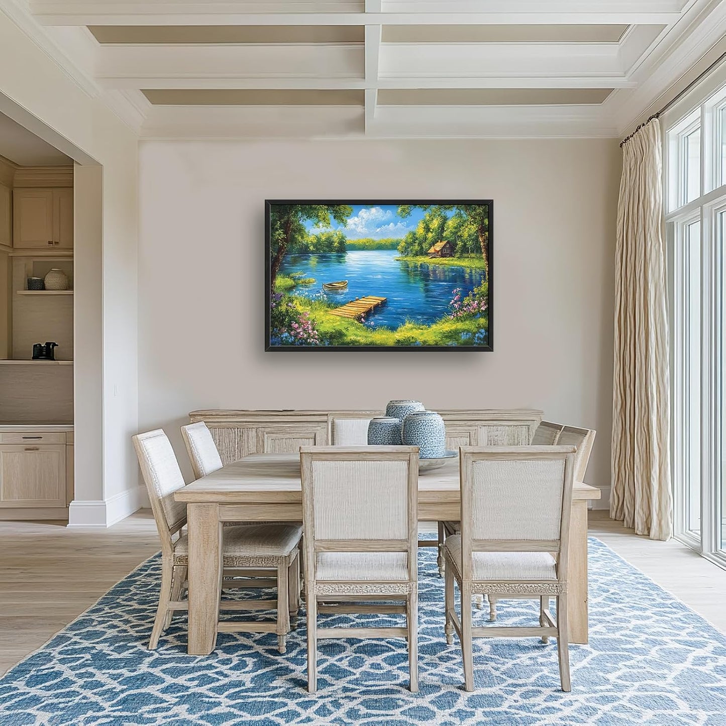 Large Lake Cabin Wall Art for Living Room, Framed Oversized Tree Boat Wildflowers Wall Decor Nature Landscape Canvas Painting Modern Artwork for Bathroom Bedroom Office Dining Room 36"x24"