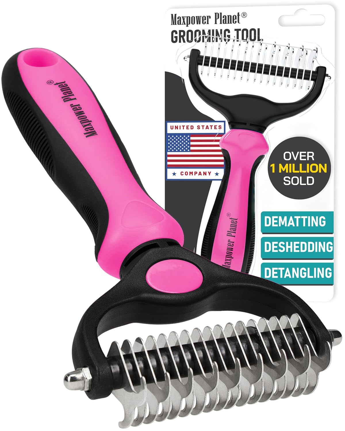 Maxpower Planet Hair Brush - Double Sided Shedding, Dematting Undercoat Rake for Dogs, Cats - Extra Wide Dog Grooming Brush, Pink