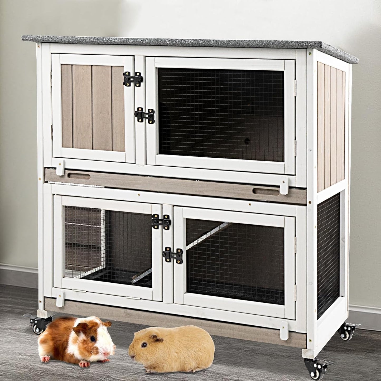 36" L Guinea Pig Cages Wooden, 2 Story Rabbit Cage Indoor Guinea Pig Habitat on 4 Metal Wheels and 2 Deeper Pull-Out Trays, Ramp, Leak Proof Guinea Pig Cages Indoor Small Animal Cage, Grey
