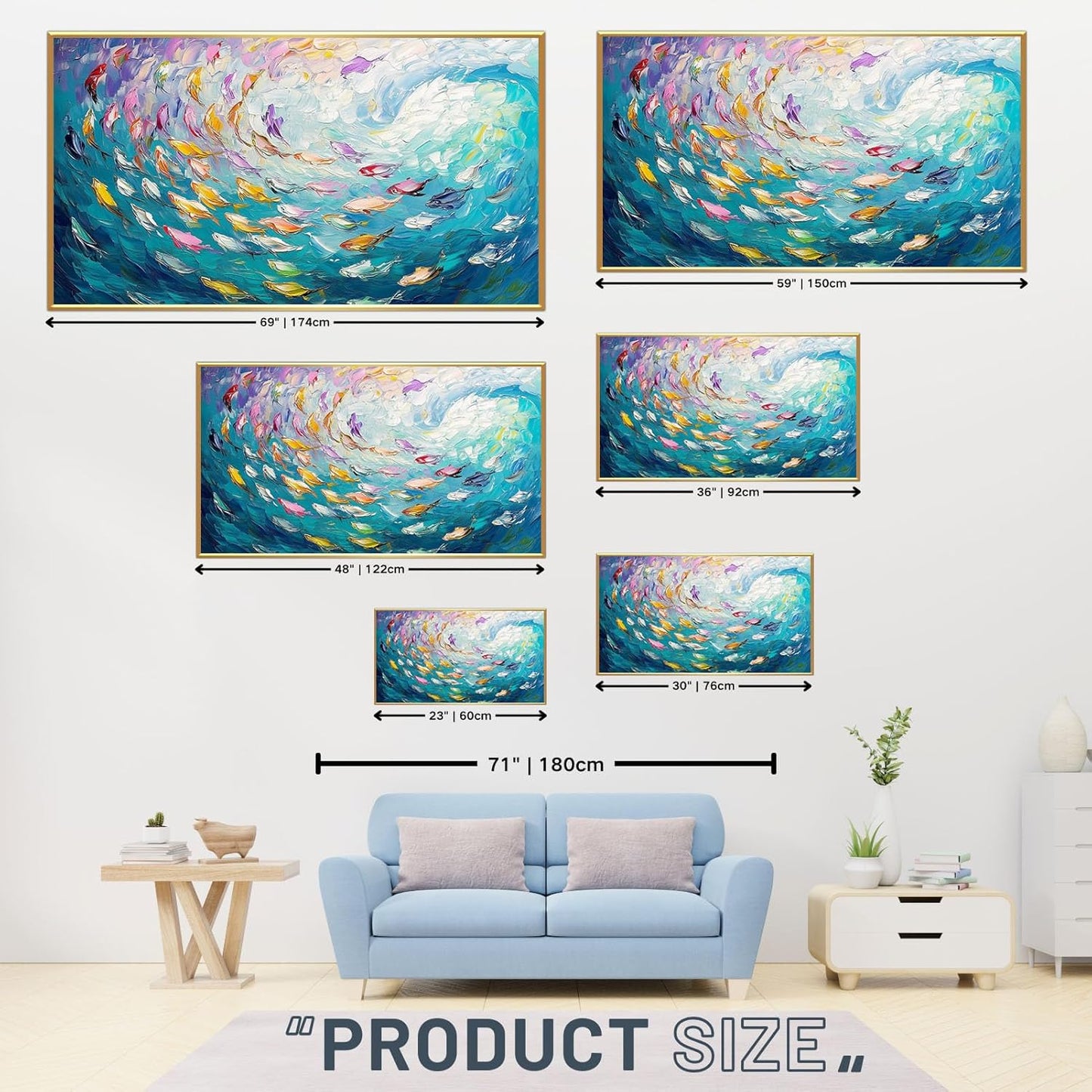 Fish Canvas Wall Art, Abstract School of Fish Canvas Wall Art, School of Fish Painting Canvas, School of Fish Wall Art, Fish Wall Decor, Fish Pictures Wall Decor, Bedroom Canvas Wall Decor (Gold Framed, 69"x39" | 174x98cm)