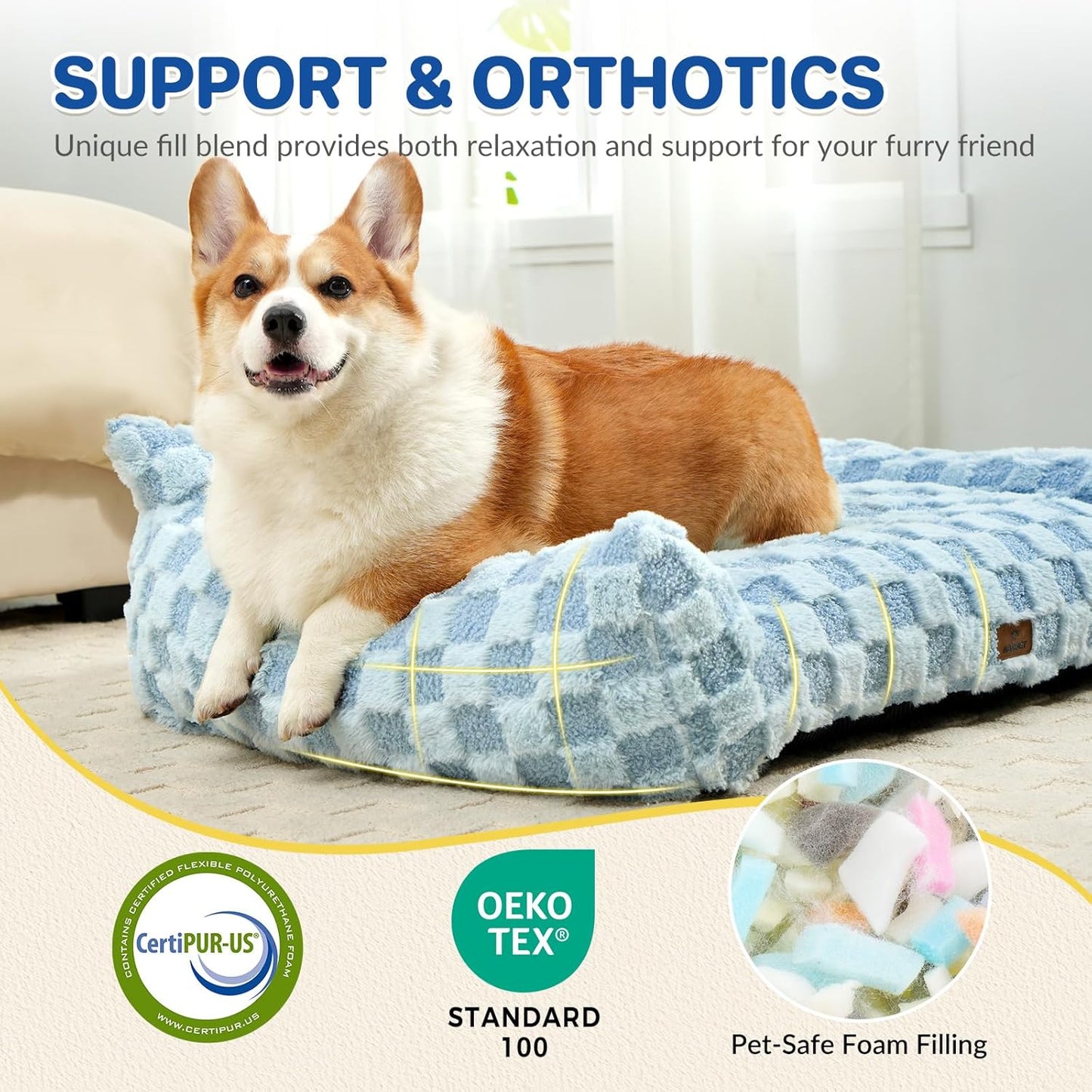 Large Dog Bed Sofa, Fluffy Pet Bed for Medium and Large Dogs, Supportive Dog Couch Sofa for Dogs, Pet Sofas with Washable Cover & Non-Slip, 38 inch, Blue