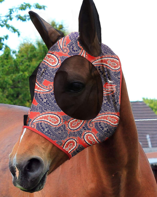 Harrison Howard Super Comfort Stretchy Fly Mask Large Eye Space with UV Protection Soft on Skin with Breathability Orange Paisley Full Size