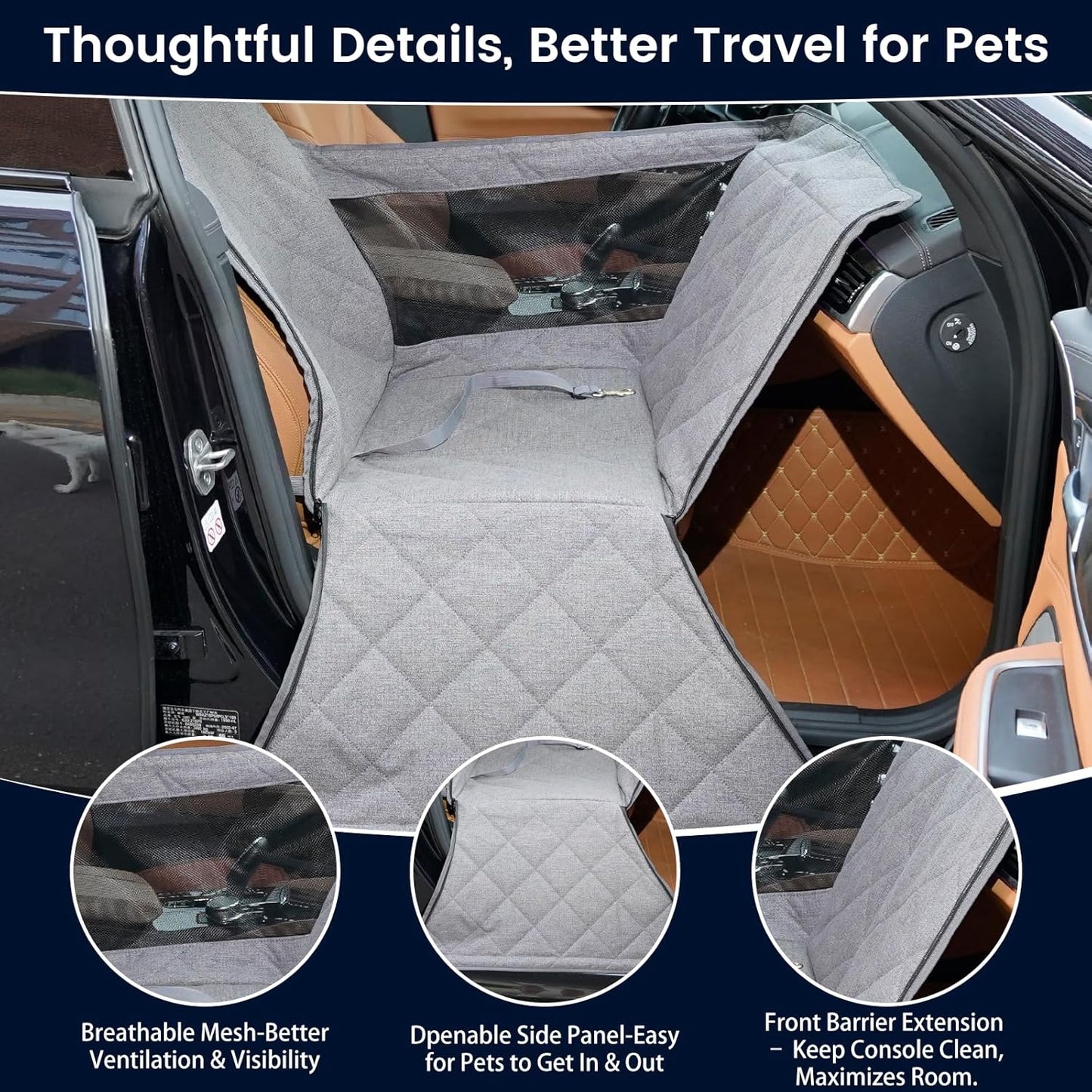 Dog Car Seat for Small/Medium Dogs with Door Protection – Full Coverage Pet Booster Seat with Mesh Window, Zippered Side Flaps, Safety Buckle, Grey Linen Fabric