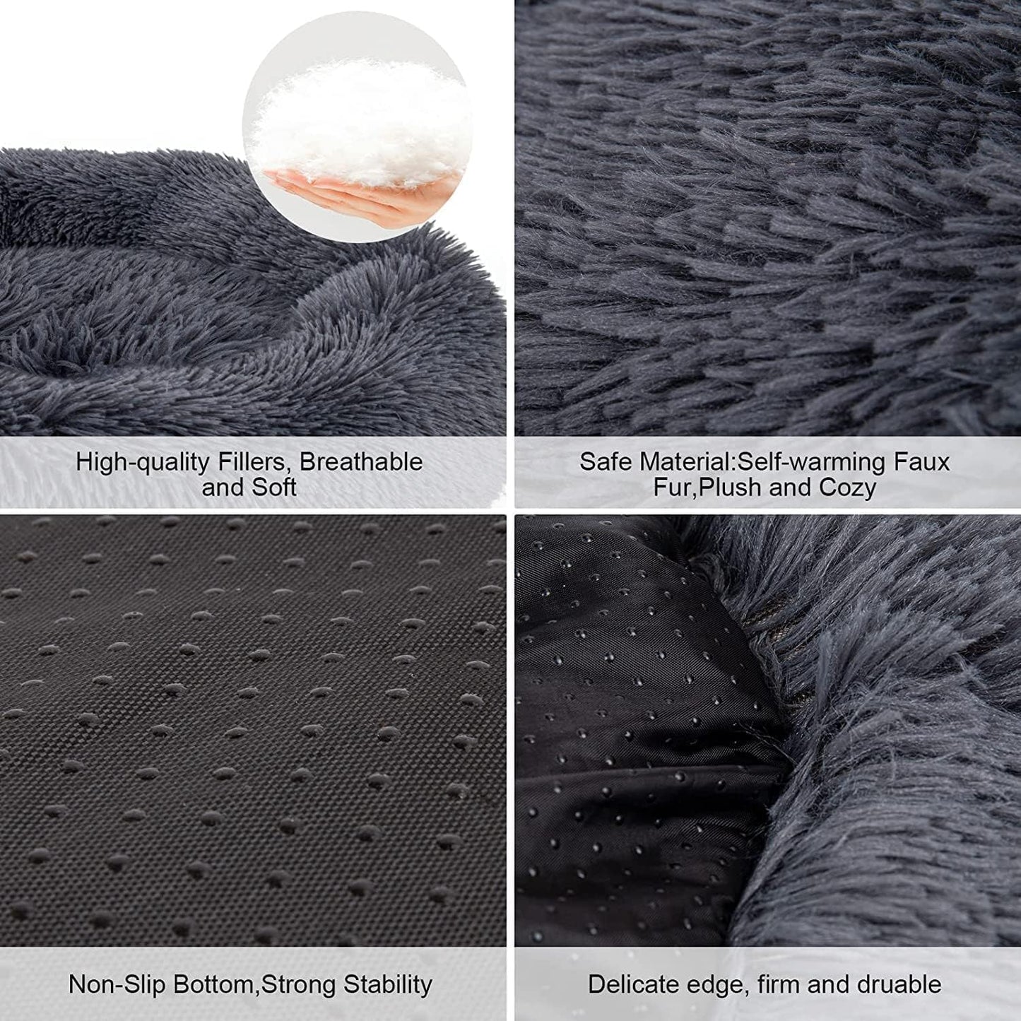 Dog Bed, Cat Calming Bed, Faux Fur Pillow Pet Donut Cuddler Round Plush Bed for Large Medium Small Dogs and Cats (Dark Grey, 44.0" L x 44.0" W x 7.0" Th)