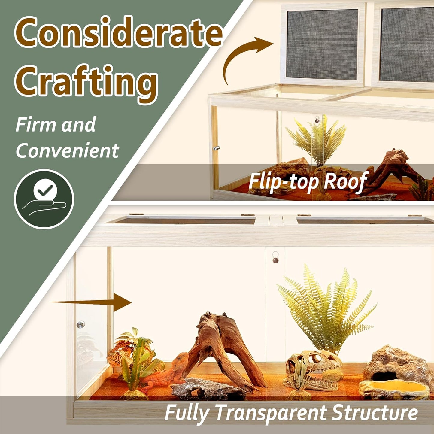 PROLEE Tempered Glass Bearded Dragon Tank,28 Gallon Reptile Tank with Meatl Mesh Roof and Front Sliding Door, Anti-Scratch Lizard Tank,Spacious Reptile Enclosure for Snakes,Lguanas, Chameleons(Oak)