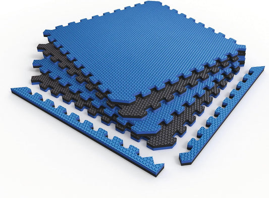 Norsk Reversible Gym Exercise Mats 3/4" Thick EVA Interlocking Foam Tiles, Perfect Home Gym Flooring, 24 Tiles & 48 Trim Pieces, 96 Sq. Ft. Reversible, Dazzling Blue/Black