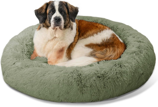 Best Friends by Sheri Original Calming Donut Dog and Cat Bed, Shag Faux Fur, Sage Green, XL (45in x 45in) - Anxiety Relief for Pets Up to 150 lbs