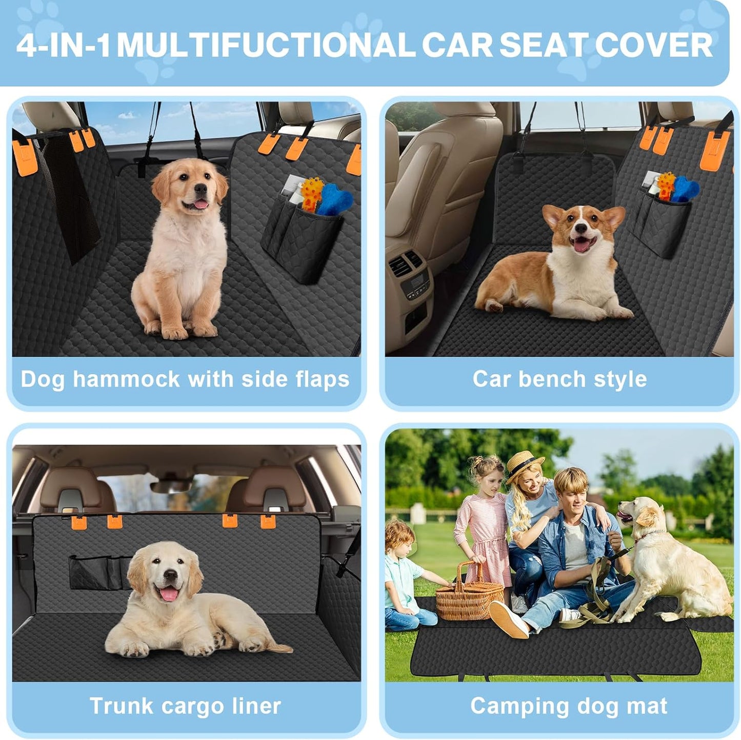 Dog Car Seat Cover for Back Seat, Waterproof Protector with Side Flaps, Scratchproof Hammock, Non-Slip Bottom for Cars/Trucks/SUVs (Black02)