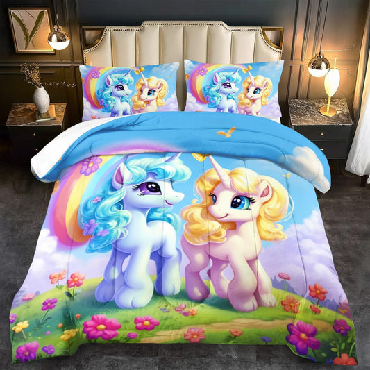 Unicorn Comforter Set Full,Kawaii Unicorn Bedding Set Full Kids,Rainbow Comforter Blue Bedroom Decor,Cute Animal Bedding Rainbow Bed Decor for Girls,Cartoon Blue Floral Quilt