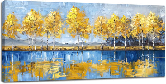 Large Tree Wall Art for Living Room Oil Painting Tree Yellow Big Space Size Lake Scenery Landscape Framed Canvas Prints Pictures Painting Modern Artwork Office Bedroom Home Decor 60"x30"