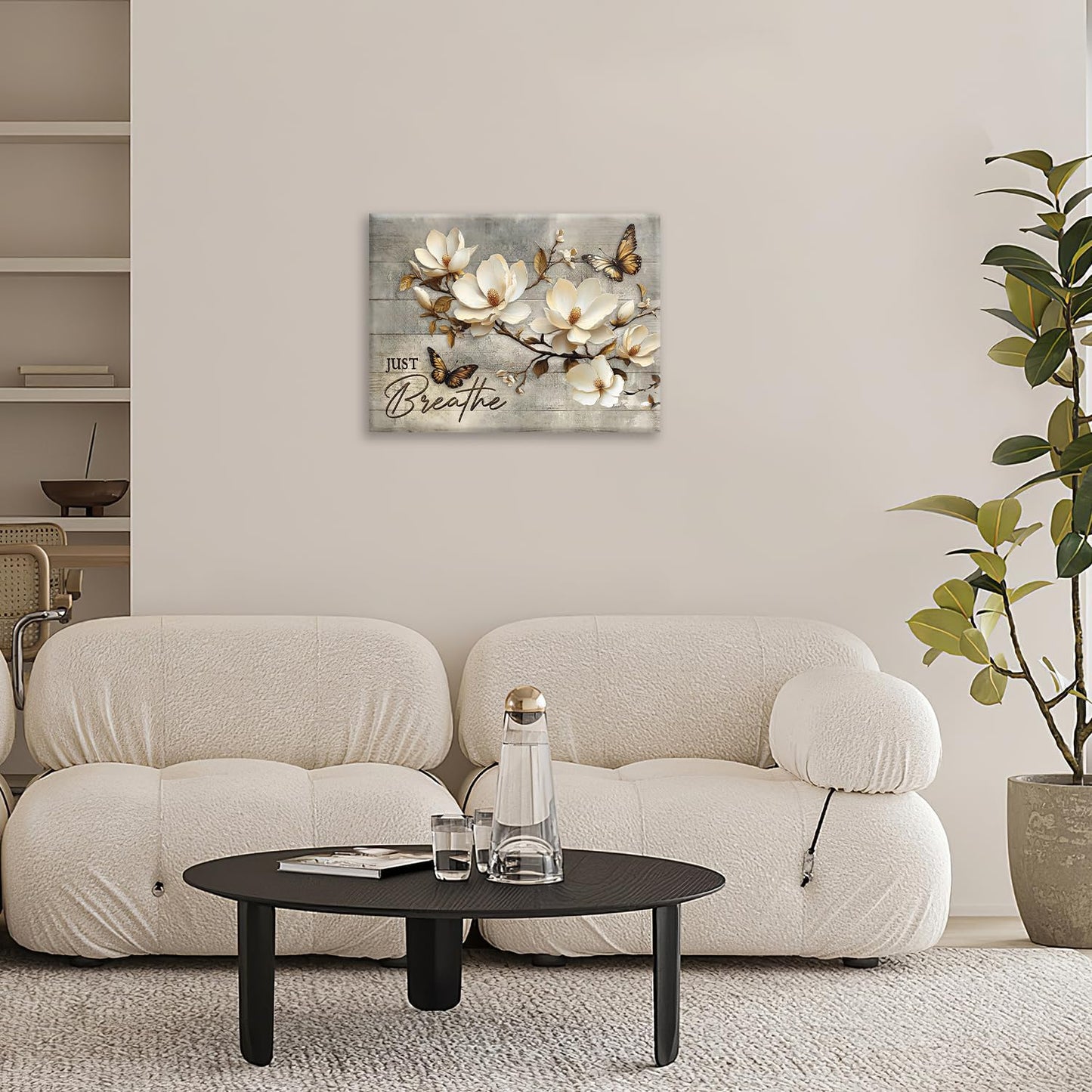 Floral Magnolia Bathroom Pictures Wall Art, Just Breathe Bathroom Wall Decor, Flower Butterfly Framed Painting Canvas Artwork for Bedroom Living Room Decorations 16"L x 12"W