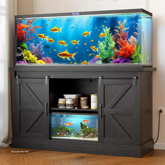 55-75 Gallon Fish Tank Stand with Sliding Barn Doors & Power Outlet, Heavy Duty Aquarium Stand with Cabinet Storage for Fish Tank, Turtle Tank, Reptile Terrarium, 1000LBS Capacity, Black