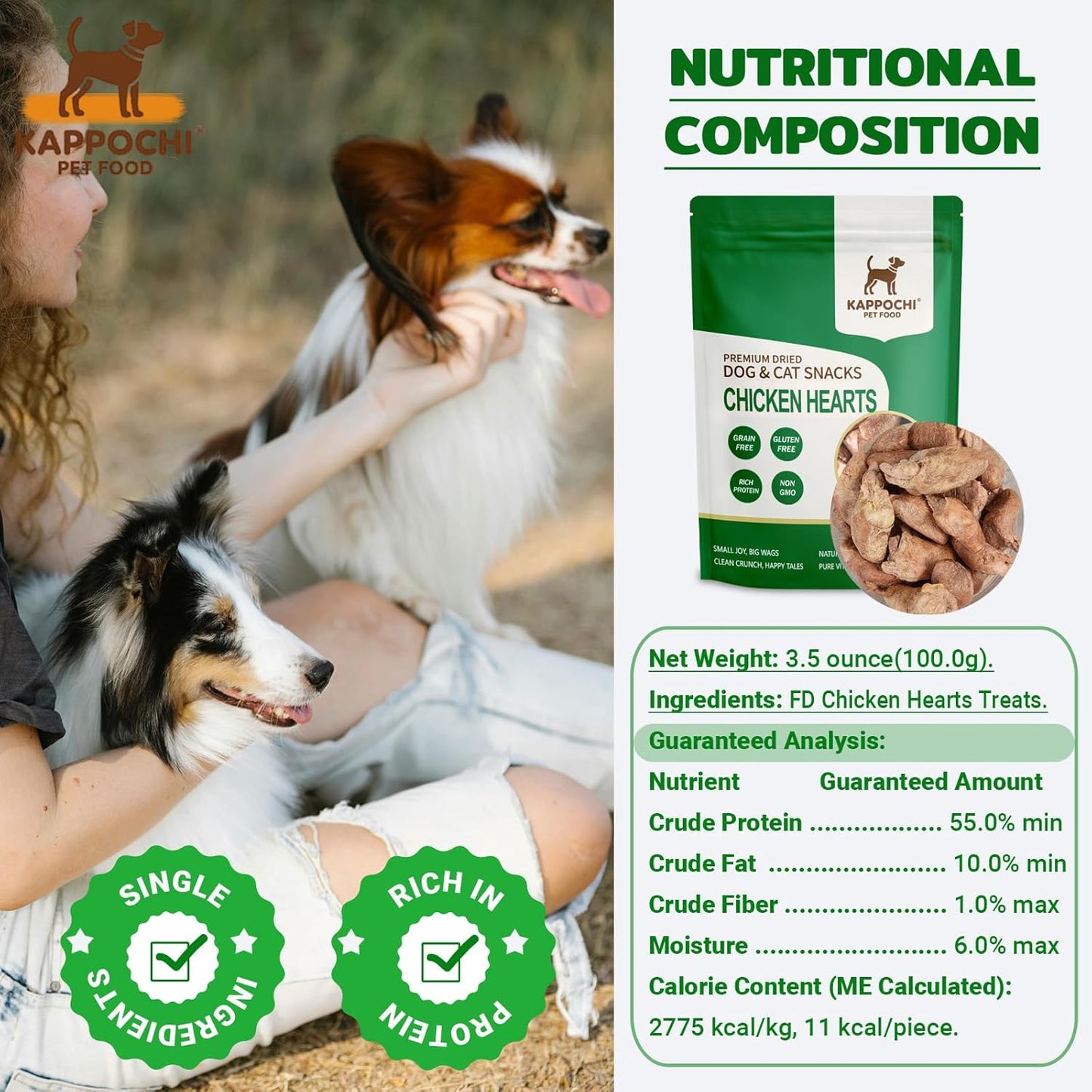 Freeze-Dried Chicken Hearts Dog Treats, 3.5oz(100.0g), 100% Single Ingredient, High Protein Training Treats, Natural & Raw, No Additives, Grain Free, Gluten Free